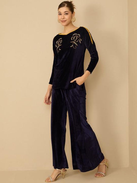 Navy Blue Embellished Velvet Top With Palazzo For Women, Indian Co-ords Set, Ethnic Indo Western Fusion Outfit, Coords VitansEthnics