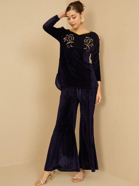 Navy Blue Embellished Velvet Top With Palazzo For Women, Indian Co-ords Set, Ethnic Indo Western Fusion Outfit, Coords VitansEthnics
