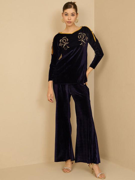 Navy Blue Embellished Velvet Top With Palazzo For Women, Indian Co-ords Set, Ethnic Indo Western Fusion Outfit, Coords VitansEthnics