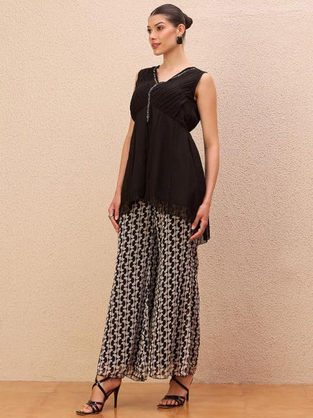 Embellished V-Neck Top With Printed Palazzos Co-Ords Set For Women, Ethnic Indo Western Outfit, Indian Dress, Indian Wedding Guest Outfit VitansEthnics