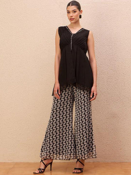 Embellished V-Neck Top With Printed Palazzos Co-Ords Set For Women, Ethnic Indo Western Outfit, Indian Dress, Indian Wedding Guest Outfit VitansEthnics