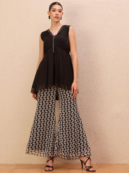 Embellished V-Neck Top With Printed Palazzos Co-Ords Set For Women, Ethnic Indo Western Outfit, Indian Dress, Indian Wedding Guest Outfit VitansEthnics