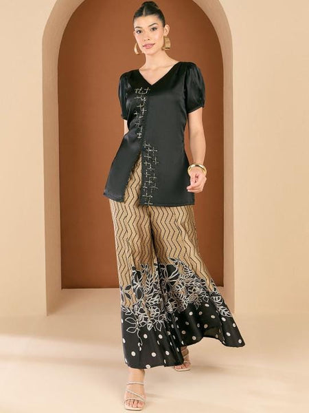 Embellished V-Neck Top With Printed Palazzos Co-Ords Set For Women, Indo Western Fusion Outfit, Indian Dress, Indian Wedding Guest Outfit VitansEthnics