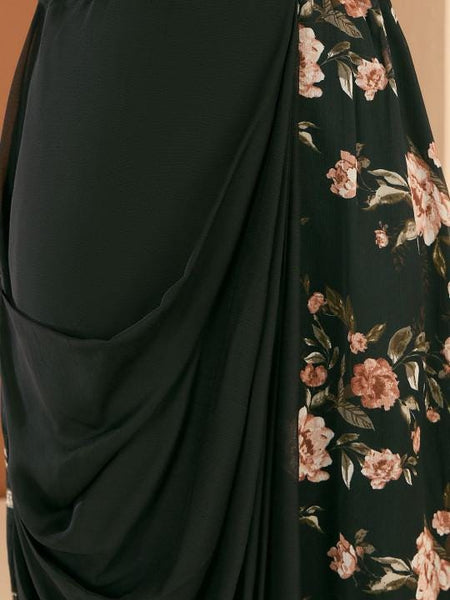 Embellished V-Neck Top With Printed Draped Skirt For Women, Indo Western Fusion Outfit, Indian Co-Ords Set, Indian Wedding Guest Outfit VitansEthnics
