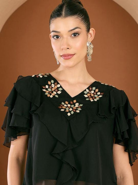 Embellished V-Neck Top With Printed Draped Skirt For Women, Indo Western Fusion Outfit, Indian Co-Ords Set, Indian Wedding Guest Outfit VitansEthnics