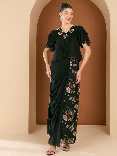 Embellished V-Neck Top With Printed Draped Skirt For Women, Indo Western Fusion Outfit, Indian Co-Ords Set, Indian Wedding Guest Outfit VitansEthnics