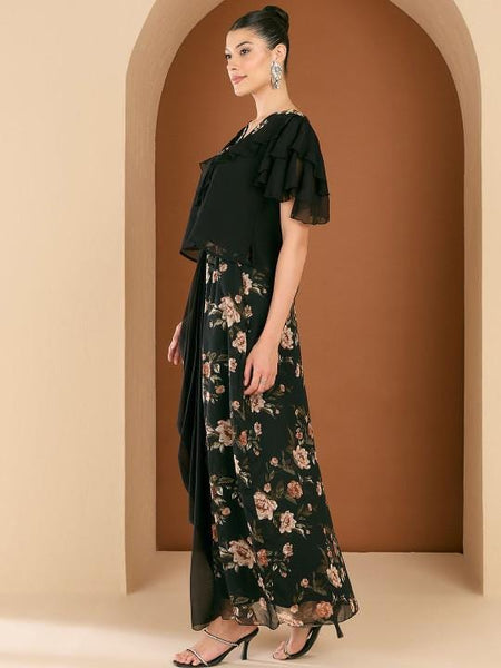 Embellished V-Neck Top With Printed Draped Skirt For Women, Indo Western Fusion Outfit, Indian Co-Ords Set, Indian Wedding Guest Outfit VitansEthnics