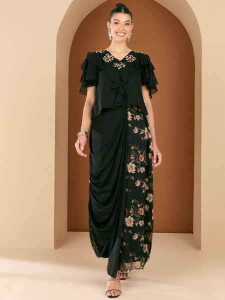 Embellished V-Neck Top With Printed Draped Skirt For Women, Indo Western Fusion Outfit, Indian Co-Ords Set, Indian Wedding Guest Outfit VitansEthnics