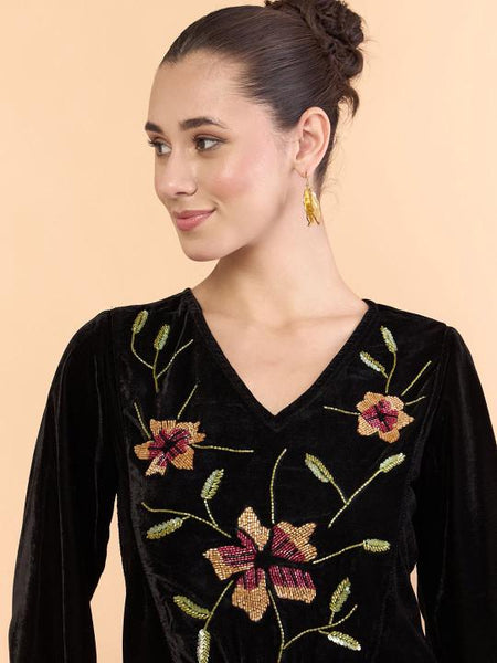 Embroidered V-Neck Velvet Tunic With Palazzos For Women, Indian Co-ords Set, Ethnic Indo Western Fusion Outfit VitansEthnics