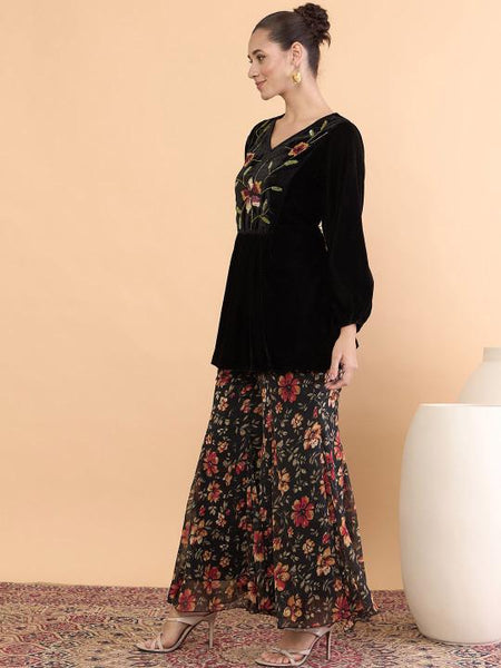 Embroidered V-Neck Velvet Tunic With Palazzos For Women, Indian Co-ords Set, Ethnic Indo Western Fusion Outfit VitansEthnics