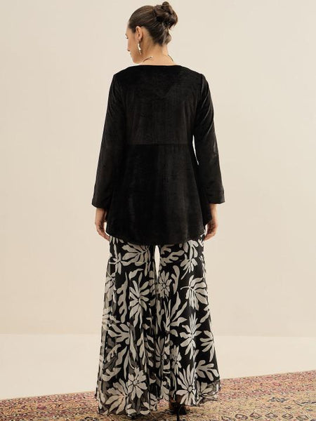 Embroidered velvet V-Neck Top & Sharara For Women, Indian Co-ords Set, Ethnic Indo Western Fusion Outfit VitansEthnics