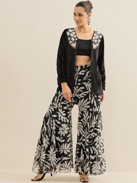 Embroidered velvet V-Neck Top & Sharara For Women, Indian Co-ords Set, Ethnic Indo Western Fusion Outfit VitansEthnics