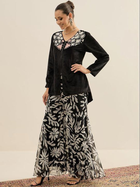 Embroidered velvet V-Neck Top & Sharara For Women, Indian Co-ords Set, Ethnic Indo Western Fusion Outfit VitansEthnics