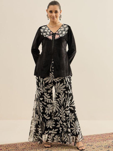 Embroidered velvet V-Neck Top & Sharara For Women, Indian Co-ords Set, Ethnic Indo Western Fusion Outfit VitansEthnics