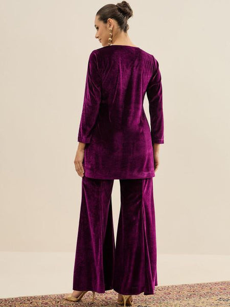 Embroidered Velvet V-Neck Tunic & Trousers For Women, Indian Co-ords Set, Ethnic Indo Western Fusion Outfit VitansEthnics