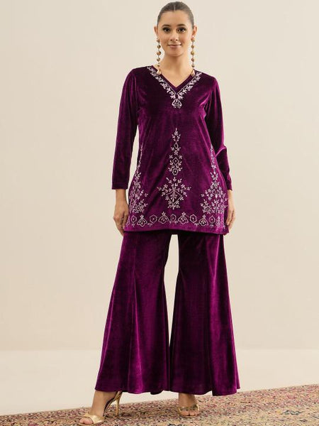 Embroidered Velvet V-Neck Tunic & Trousers For Women, Indian Co-ords Set, Ethnic Indo Western Fusion Outfit VitansEthnics