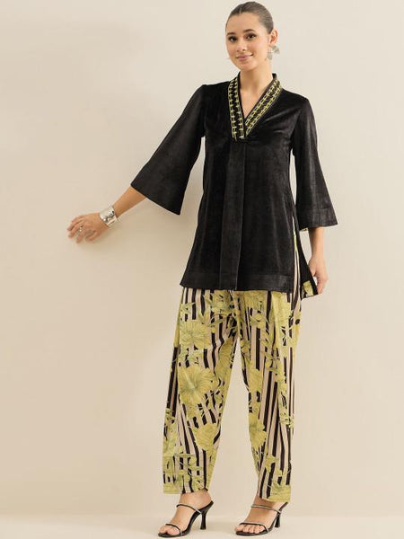 Embellished Velvet V-Neck Tunic & Trousers Set For Women, Indian Co-ords Set, Ethnic Indo Western Fusion Outfit VitansEthnics