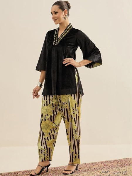 Embellished Velvet V-Neck Tunic & Trousers Set For Women, Indian Co-ords Set, Ethnic Indo Western Fusion Outfit VitansEthnics
