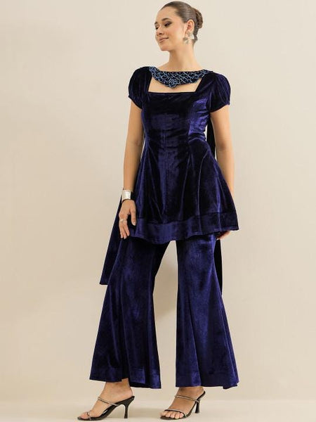 Velvet Embellished Square Neck Tunic & Palazzos Set For Women, Indian Co-ords Set, Ethnic Indo Western Fusion Outfit VitansEthnics