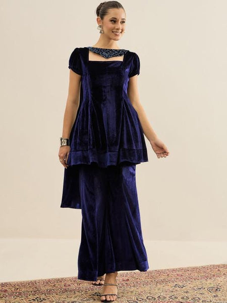 Velvet Embellished Square Neck Tunic & Palazzos Set For Women, Indian Co-ords Set, Ethnic Indo Western Fusion Outfit VitansEthnics