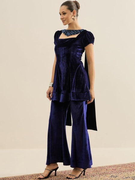 Velvet Embellished Square Neck Tunic & Palazzos Set For Women, Indian Co-ords Set, Ethnic Indo Western Fusion Outfit VitansEthnics