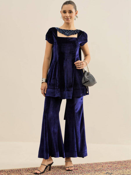Velvet Embellished Square Neck Tunic & Palazzos Set For Women, Indian Co-ords Set, Ethnic Indo Western Fusion Outfit VitansEthnics