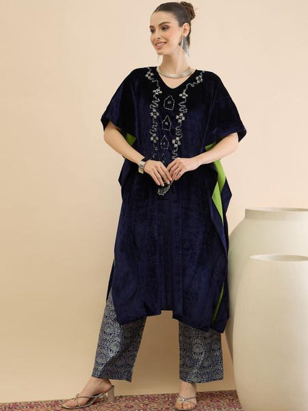 Embellished Velvet Kaftan Tunic & Brocade Trousers Set For Women, Indian Co-ords Set, Ethnic Indo Western Fusion Outfit VitansEthnics