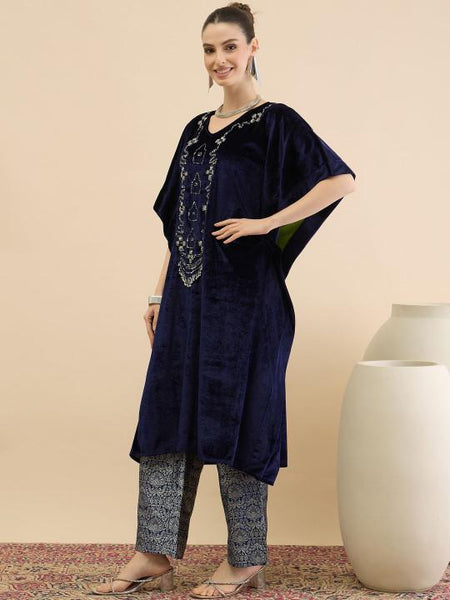 Embellished Velvet Kaftan Tunic & Brocade Trousers Set For Women, Indian Co-ords Set, Ethnic Indo Western Fusion Outfit VitansEthnics