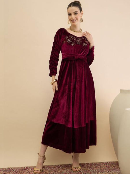 Embellished Velvet A-Line Midi Dress For Women, Indian Dress For Women, Indo Western Outfit VitansEthnics