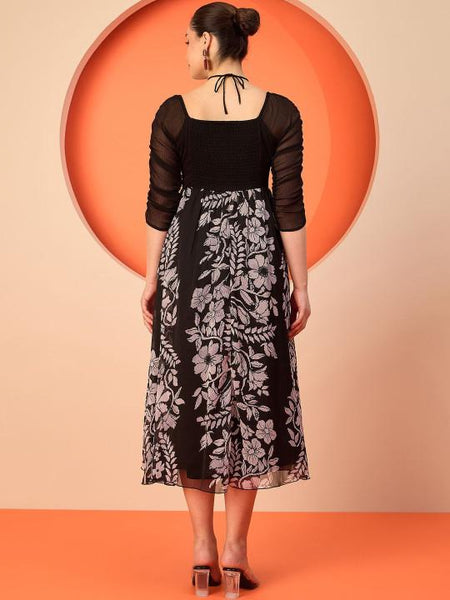 Floral Chiffon Fit & Flare Smocked Midi Dress For Women, Indian Dress For Women, Indo Western Outfit VitansEthnics