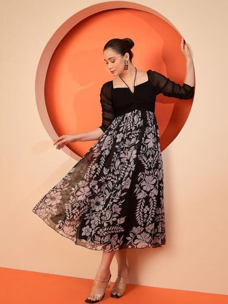 Floral Chiffon Fit & Flare Smocked Midi Dress For Women, Indian Dress For Women, Indo Western Outfit VitansEthnics