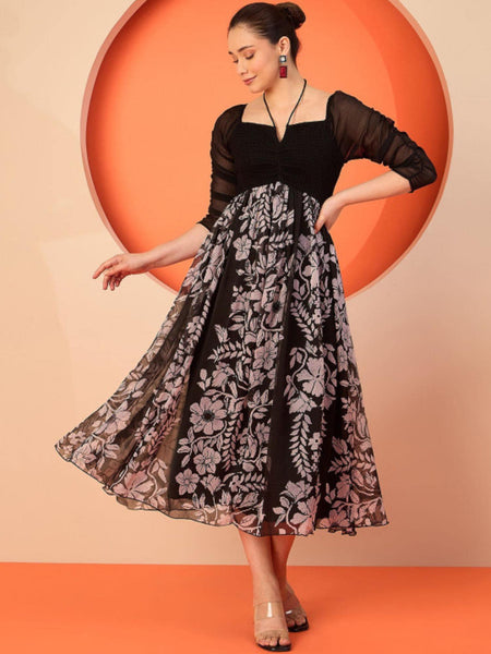 Floral Chiffon Fit & Flare Smocked Midi Dress For Women, Indian Dress For Women, Indo Western Outfit VitansEthnics