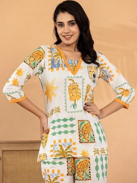 Indian Tropical Cotton Printed Top with Trousers Co-Ords Set, Indo Western Outfit Set For Women, Fusion Outfit Set VitansEthnics