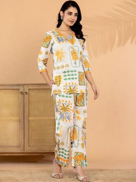 Indian Tropical Cotton Printed Top with Trousers Co-Ords Set, Indo Western Outfit Set For Women, Fusion Outfit Set VitansEthnics