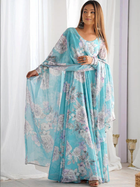 Floral Print Flared Sleeve Ruffled Georgette A-Line Maxi Dress For Women, Indian Dress, Indo Western Outfit VitansEthnics