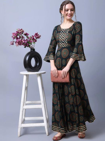 Printed Bell Sleeves Maxi Dress For Women, Indian Dress, Indo Western Outfit VitansEthnics
