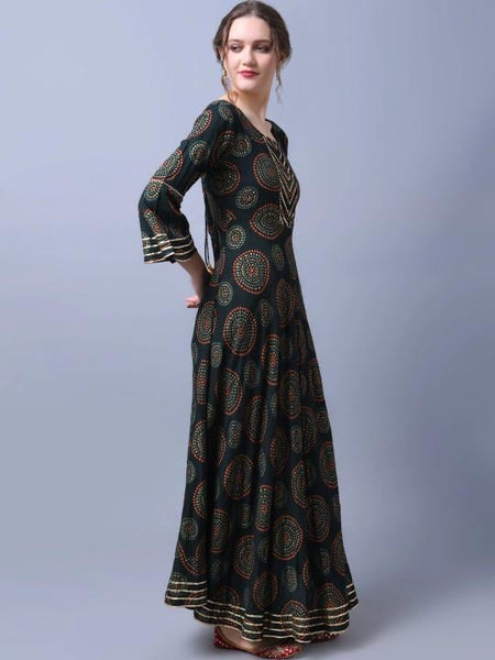 Printed Bell Sleeves Maxi Dress For Women, Indian Dress, Indo Western Outfit VitansEthnics