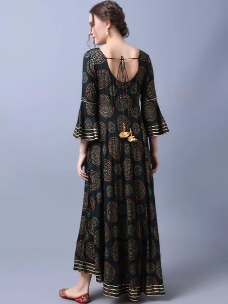Printed Bell Sleeves Maxi Dress For Women, Indian Dress, Indo Western Outfit VitansEthnics