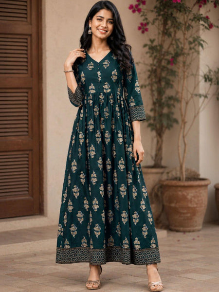 Floral Print Maxi Dress For Women, Indian Fit and Flared Dress, Indo Western Outfit VitansEthnics