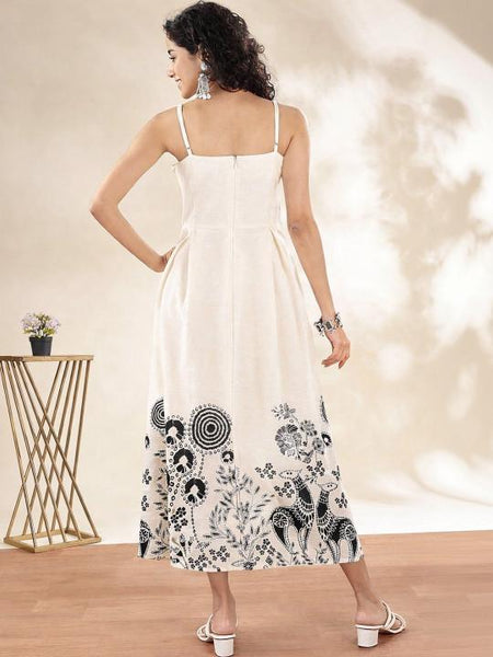 Ethnic Motifs Print Halter Neck A-Line Maxi Dress For Women, Indian Dress, Indo Western Outfit VitansEthnics