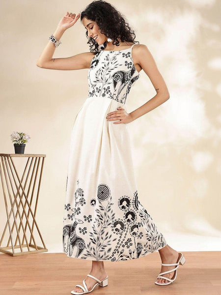 Ethnic Motifs Print Halter Neck A-Line Maxi Dress For Women, Indian Dress, Indo Western Outfit VitansEthnics