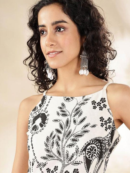 Ethnic Motifs Print Halter Neck A-Line Maxi Dress For Women, Indian Dress, Indo Western Outfit VitansEthnics