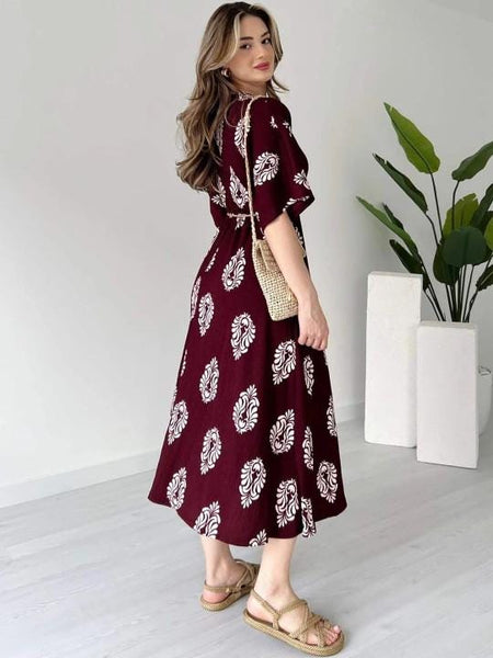 Ethnic Motifs Printed Fit & Flare Midi Dress For Women, Indian Dress, Indo Western Outfit VitansEthnics