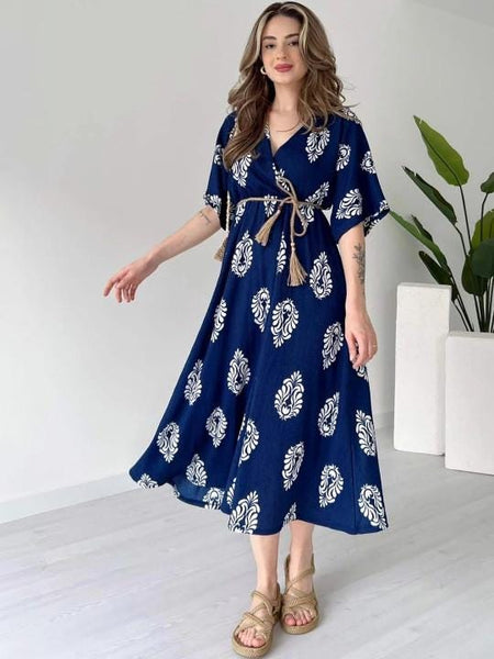 Ethnic Motifs Printed Fit & Flare Midi Dress For Women, Indian Dress, Indo Western Outfit VitansEthnics