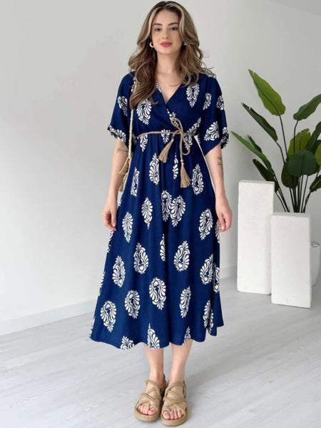 Ethnic Motifs Printed Fit & Flare Midi Dress For Women, Indian Dress, Indo Western Outfit VitansEthnics