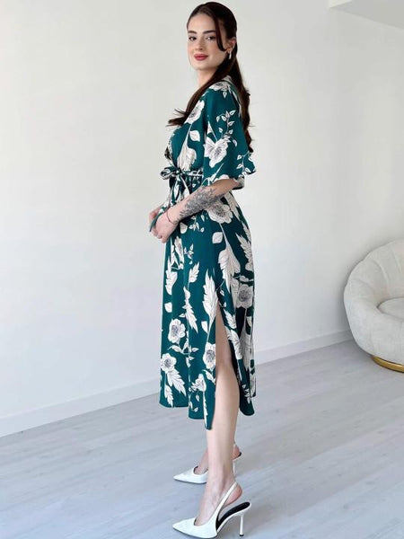 Floral Print Kimono Sleeve Fit & Flare Midi Dress For Women, Indian Dress, Indo Western Outfit VitansEthnics