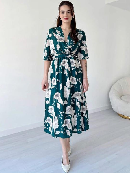 Floral Print Kimono Sleeve Fit & Flare Midi Dress For Women, Indian Dress, Indo Western Outfit VitansEthnics