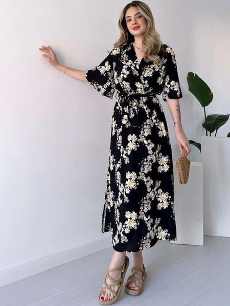 Floral Print Kimono Sleeve Fit & Flare Midi Dress For Women, Indian Dress, Indo Western Outfit VitansEthnics