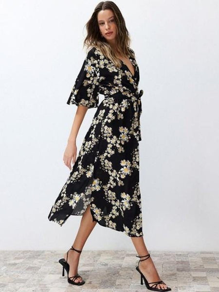 Floral Print Kimono Sleeve Fit & Flare Midi Dress For Women, Indian Dress, Indo Western Outfit VitansEthnics