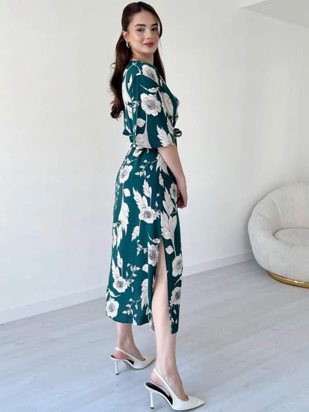 Floral Print Kimono Sleeve Fit & Flare Midi Dress For Women, Indian Dress, Indo Western Outfit VitansEthnics
